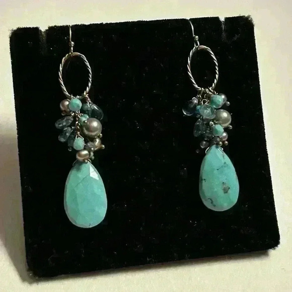 Faceted turquoise colored stone dangle earrings - Picture 1 of 5